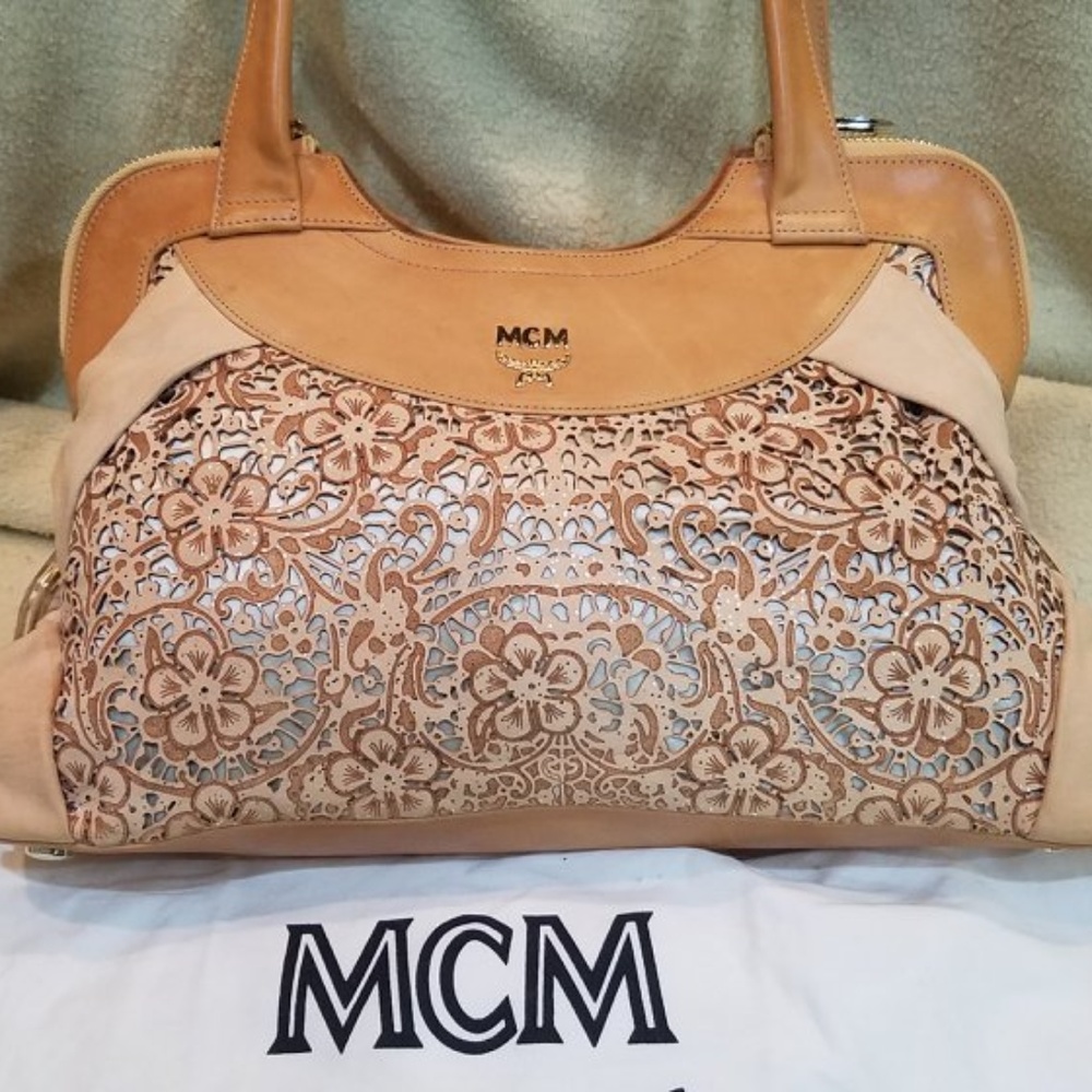 MCM Cut Leather, Suede and Silk Shoulder Bag